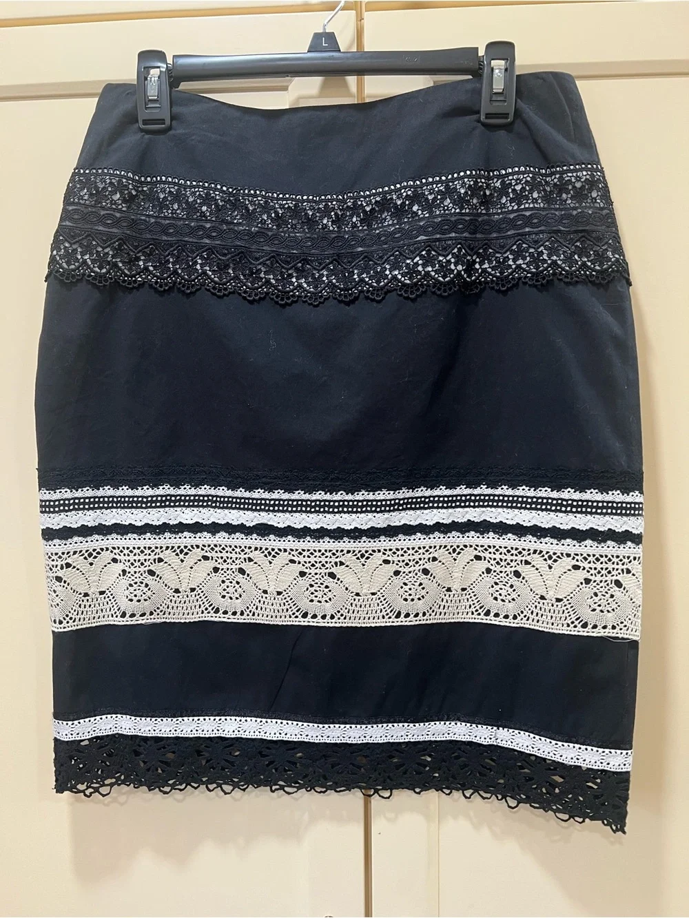 Black Pencil Skirt with White Crochet Banding